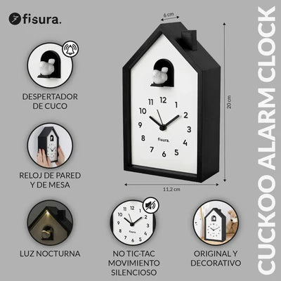 Reloj despertador cuco casita blanco y negro